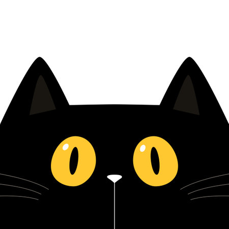 Peeking cat face head with big yellow eyes. Cute cartoon character. Kawaii black kitten baby pet animal. Sticker print. Greeting card. Childish style. Flat design. White background. Vectorのイラスト素材