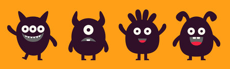 Cute monster set line. Happy Halloween. Black silhouette monsters. Cartoon kawaii funny boo character. Different face. Eyes, teeth horns, hands. Childish style. Flat design. Orange background. Vectorのイラスト素材