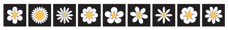 White daisy chamomile set line. Cute round flower head plant collection. Camomile square icons. Love card symbol. Growing concept. Simple flat design. Nature style. Isolated. Black background. Vectorのイラスト素材