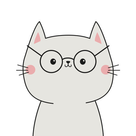 Cat Kitten in glasses. Face head line contour silhouette icon. Funny kawaii smiling doodle animal. Pink cheeks, ears. Smart animal. Cute cartoon baby pet character. Flat design White background Vectorのイラスト素材