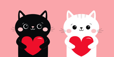 Black White cat kitten kitty set holding red heart. Cute cartoon kawaii funny animal baby character. Flat design. Happy Valentines Day. Love card. Childish style. Pink background. Isolated. Vectorのイラスト素材