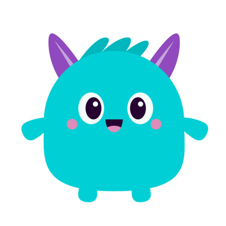 Blue monster icon. Happy Halloween. Cartoon kawaii funny character. Colorful silhouette monsters. Cute face with horns, eyes, hands. Childish collection. Flat design. White background. Vectorのイラスト素材