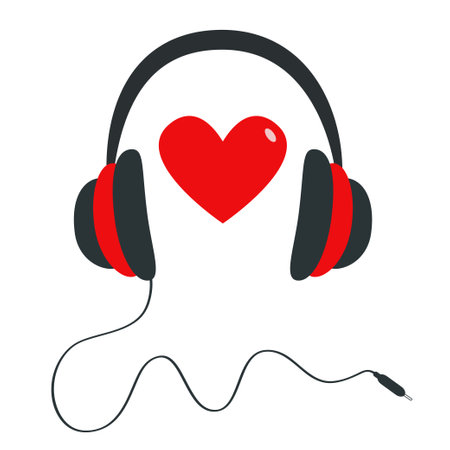 Headphones earphones with cord. Black Red silhouette. Headphone icon. Red heart sign symbol. Love greeting card, banner template. Flat design. White background. Isolated. Vector illustrationのイラスト素材
