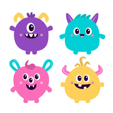 Monster icon set. Happy Halloween. Cartoon kawaii funny character. Colorful silhouette monsters. Cute face with teeth, horns, eyes, hands. Childish baby collection. Flat design White background Vectorのイラスト素材