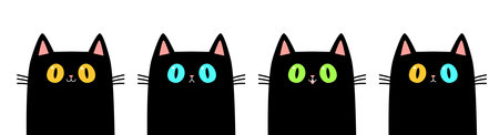 Cat face set line. Kittens with yellow, green, blue eyes. Cute cartoon funny pet character. Pink ears nose cheek. Funny kawaii animal. Black silhouette icon. Flat design. White background. Vectorのイラスト素材