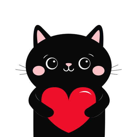 Black cat kitten kitty holding red heart. Cute cartoon kawaii funny animal baby character. Flat design. Happy Valentines Day. Love card. Childish style. White background. Isolated. Vector illustrationのイラスト素材