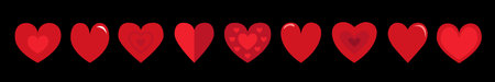 Red heart icon set. Happy Valentines day. Different shape, pattern. Love sign symbol simple template. Greeting card. Decoration element. Square composition. Flat design. Black background. Vectorのイラスト素材