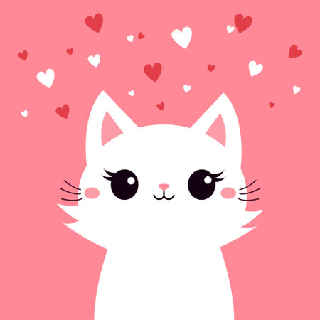 Cute cat face head. White fluffy kitten. Happy Valentines Day. Cartoon funny kitty character. Kawaii animal in love. Greeting card. Flat design. Pink background. White red hearts. Vector illustrationのイラスト素材
