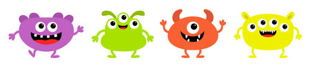 Cute monster set line. Different face. Happy Halloween. Colorful silhouette monsters. Kawaii cartoon funny boo character. Eyes, teeth, horns hands. Childish style. Flat design. White background Vectorのイラスト素材