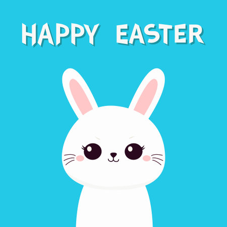 Happy Easter. Cute Bunny. White rabbit hare face head silhouette. Funny kawaii doodle animal. Cute cartoon funny pet character. Ear, eye, cheeks. Flat design. Blue background. Vectorのイラスト素材