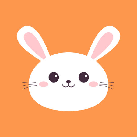 Cute white rabbit bunny hare silhouette icon. Smiling face head. Pink cheeks. Kawaii cartoon funny baby character. Happy Easter. Valentines Day. Greeting card. Orange background. Flat design. Vectorのイラスト素材
