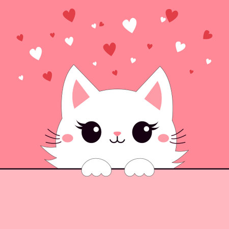Cute white peeking cat face head. Funny kitten. Paws hand holding paper. Red white hearts. Happy Valentines Day. Cartoon kitty. Kawaii animal. Greeting card. Flat design. Pink background. Vectorのイラスト素材