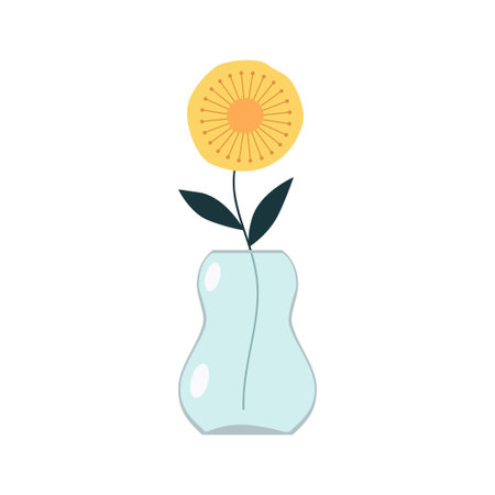 Flower in vase. Yellow flowers collection. Transparent glass vases with blue water. Cute colorful icon. Ceramic Pottery decoration. Flat design. White background. Isolated. Vector illustrationのイラスト素材