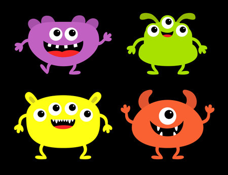 Monster set. Different face. Happy Halloween. Colorful silhouette monsters. Cute kawaii cartoon funny boo character. Teeth, eyes, horns hands. Childish style. Flat design. Black background. Vectorのイラスト素材