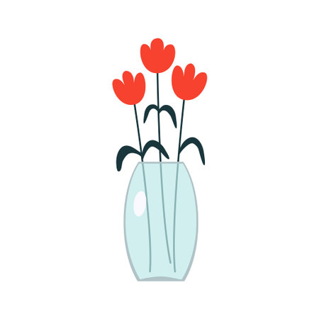 Red flowers collection. Flower in vase. Transparent glass vases with blue water. Tulip set. Cute colorful icon collection. Ceramic Pottery decoration. White background. Isolated. Flat design. Vectorのイラスト素材