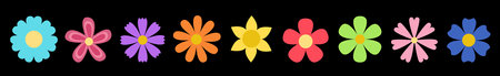 Colorful flowers. Different shape. Spring flower set. Daisy chamomile, sun flower cornflower, chrysanthemum. Growing concept. Fresh blooming elements. Flat design. Isolated Black background. Vectorのイラスト素材