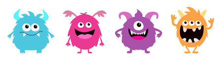 Monster set line. Kawaii cartoon funny character. Happy Halloween. Colorful silhouette monsters. Cute face with teeth, horns, eyes, hands. Childish baby collection. Flat design White background Vectorのイラスト素材