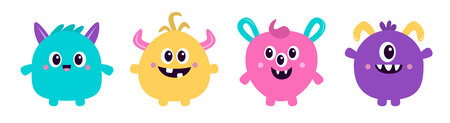 Monster icon set line. Happy Halloween. Cartoon kawaii funny character. Colorful silhouette monsters. Cute face with horns, teeth, eyes hands. Childish collection. Flat design. White background Vectorのイラスト素材