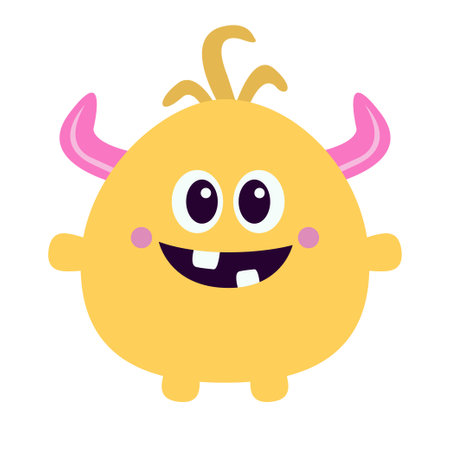 Yellow monster icon. Happy Halloween. Cartoon kawaii funny character. Colorful silhouette monsters. Cute face with teeth, horns, eyes, hands. Childish collection. Flat design. White background. Vectorのイラスト素材