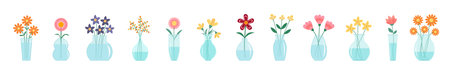 Flower in vase big set line banner. Transparent glass vases with water. Different flowers. Daisy, gerbera, tulip. Cute icon collection. Ceramic Pottery decoration. Flat design. White background Vectorのイラスト素材