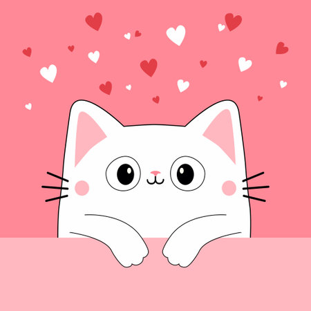 Cute cat kitty white silhouette with paws. Picking kitten. Kawaii cartoon funny character. Happy Valentines Day. Childish style. Greeting card. Flat design. Pink background. White red hearts. Vectorのイラスト素材