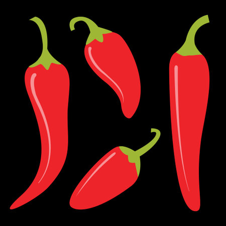 Hot chili pepper icon set. Fresh red chili cayenne peppers. Hot food spices. Sticker print template. Simple sign symbol. Healthy lifestyle. Flat design. Black background. Isolated. Vector illustrationのイラスト素材
