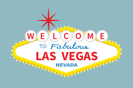 Welcome to Las Vegas sign icon. Red star. Nevada sight showplace. Classic retro symbol. Template for greeting card, banner, sticker print. Flat design. Isolated. Light blue background. Vectorのイラスト素材