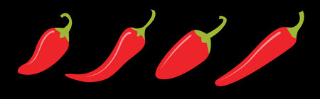 Hot chili pepper icon set. Fresh red chili cayenne peppers line banner. Hot food spices. Sticker print template. Healthy lifestyle. Simple sign symbol. Flat design. Isolated. Black background. Vectorのイラスト素材