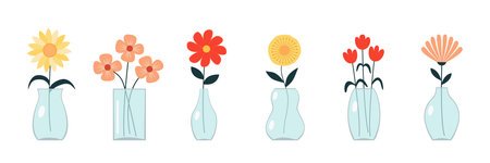 Flower vase set line. Transparent glass vases with blue water. Different flowers. Daisy, tulip, gerbera. Cute colorful icon collection. Ceramic Pottery decoration. White background. Flat design Vectorのイラスト素材
