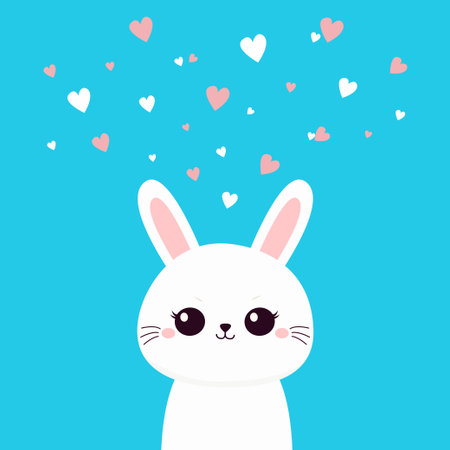 Cute Bunny. Rabbit hare face head silhouette. Funny kawaii doodle animal. Happy Easter. Valentines Day Card. Cartoon funny pet character. White Pink hearts. Flat design. Blue background. Vectorのイラスト素材