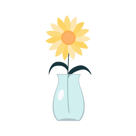 Flower in vase. Transparent glass vases with blue water. Yellow flowers collection. Sunflower. Cute colorful icon collection. Ceramic Pottery decoration. White background. Isolated. Flat design Vectorのイラスト素材