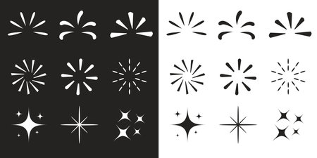 Hand drawn star sparkle light shine sunburst sun rays sign symbol shape set. Decoration element. Sparkling effect. Cute doodle collection. Flat design. Black White background. Isolated. Vectorのイラスト素材