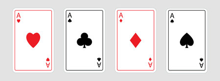 Playing card set. Four aces icon. Poker cards suits. Hearts, diamonds, clubs, spades ace. Winning poker hand. Las Vegas Casino gambling concept. Simple flat design. Isolated. White background. Vectorのイラスト素材
