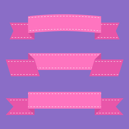 Pink vintage ribbon set. Different shape. Dash line. Greeting card, invitation, banner template. Flat design style. Violet background. Isolated. Vector illustrationのイラスト素材