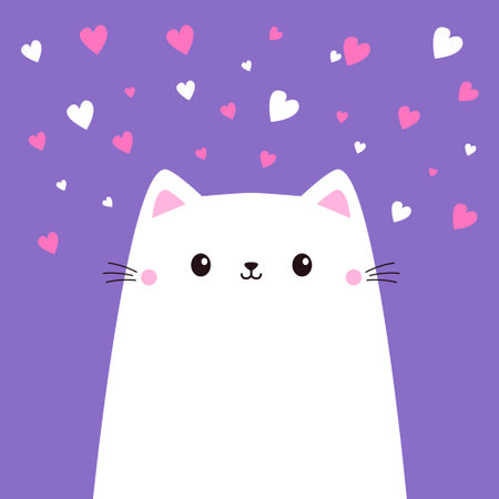 Cute cat face head. White kitten. White pink hearts. Happy Valentines Day. Cartoon funny kitty character. Kawaii animal in love. Greeting card. Flat design. Violet background. Vector illustrationのイラスト素材
