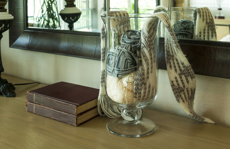 decorative set of crochet on wood tableの写真素材