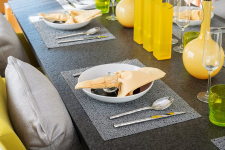 served with a plate on the table in yellow and grey colors decoration