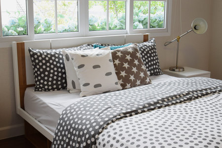 bedroom interior design with polka dot pillows on bed and decorative bedside table lamp.