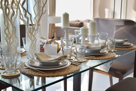 elegant table set in modern style dining room interior