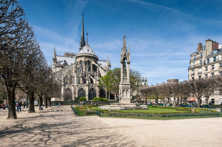 Paris, France - April 14, 2013: Cathedral of Notre Dame de Paris against the blue clear sky.のeditorial素材
