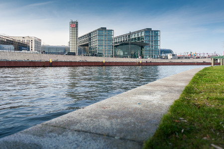 Berlin, Germany - April 16, 2013: The main railway station of Berlin Hauptbahnhof - Lehrter Bahnhofwith river Spree.のeditorial素材
