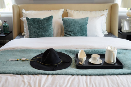 black tray of tea set in classic style bedroom interior at homeの写真素材