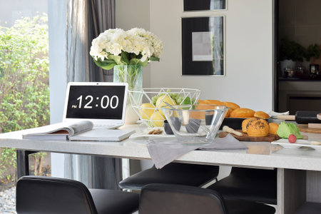 Pastry on the white artificial stone top dining table in the modern dining room