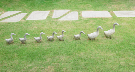 Ceramic ducks decoration sculpture on green grassの写真素材
