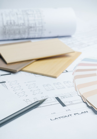 color and material samples on architectural drawings of the modern houseの写真素材