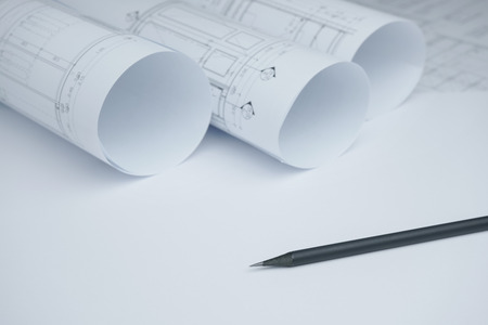 black pencil on architectural drawing paper and rolls for constructionの写真素材