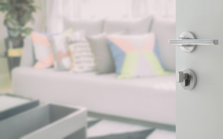 opened white door to modern living room design with colorful pillows on sofaの写真素材