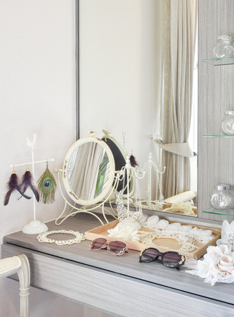 gray dressing table with accessories at homeの写真素材