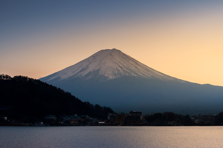 The mountain Fuji and lake kawaguchi at sunsetの写真素材