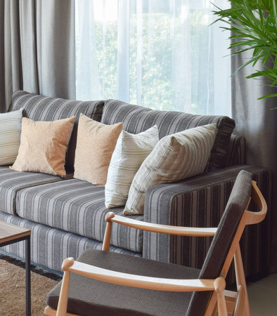 modern living room interior with striped pillows on a casual sofa at home